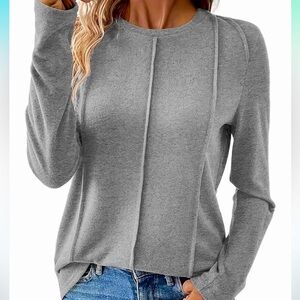 EVALESS Womens Long Sleeve, Pleated Crewneck Knit Solid Loose Blouse size L